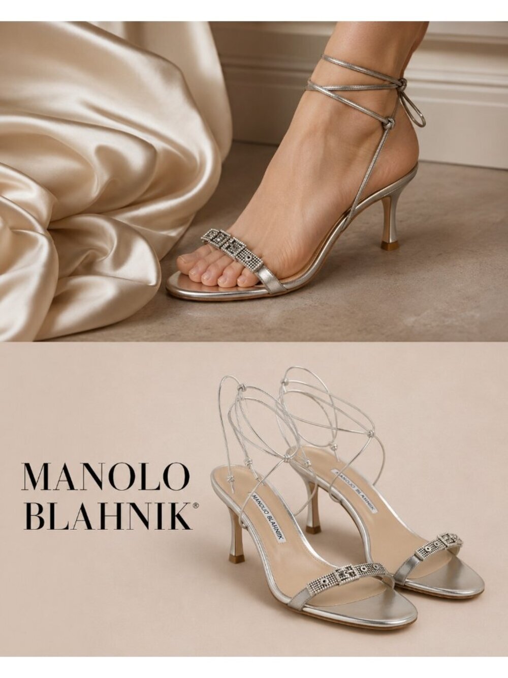 Manolo Blahnik Silver Metallic Crystal Strappy Heels Sandals EU 38